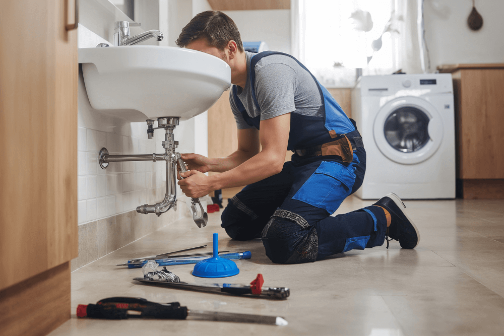 Professional plumber in Dubai fixing bathroom sink - FAM Plumbing expert technician